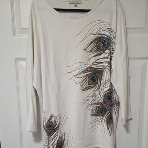 Apt. 9 Women's Long Sleeve Top - White with Peacock Feather Design